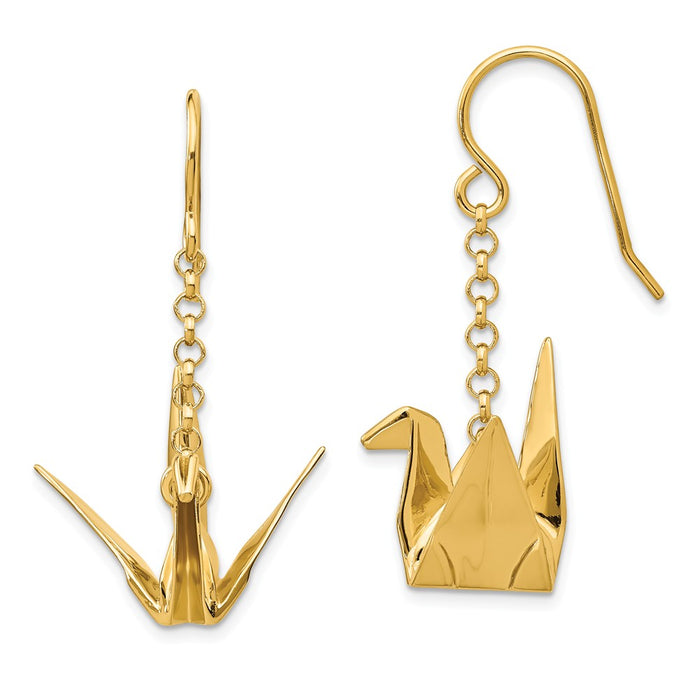 Sterling Silver Gold-plated Origami Crane Dangle Earrings, 21.84mm x 23.11mm