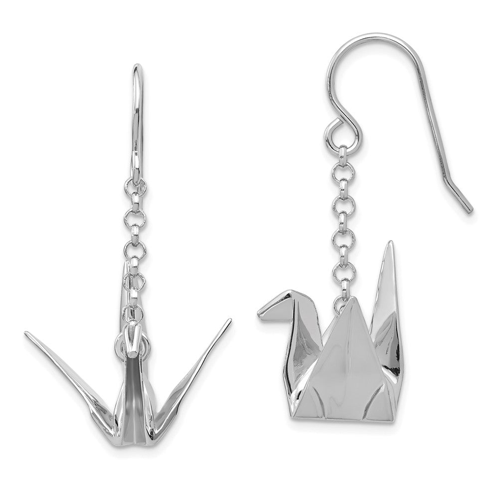 925 Sterling Silver Rhodium-plated Origami Crane Dangle Earrings, 21.84mm x 23.11mm