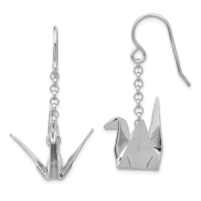 925 Sterling Silver Rhodium-plated Origami Crane Dangle Earrings, 21.84mm x 23.11mm