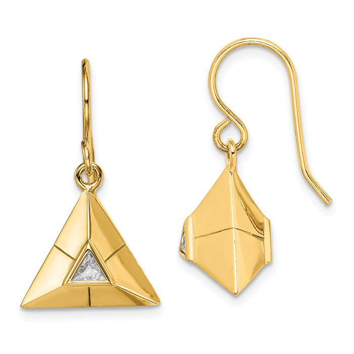 Sterling Silver Gold-plated Triangular Origami Cubic Zirconia ( CZ ) Dangle Earrings, 25.4mm x 14.42mm