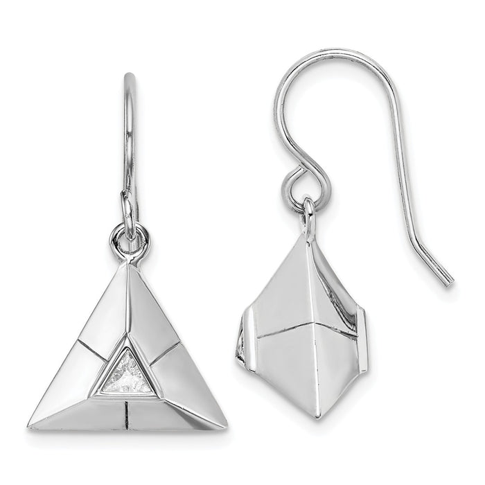 925 Sterling Silver Rhodium-plated Triangular Origami Cubic Zirconia ( CZ ) Dangle Earrings, 25.4mm x 14.42mm