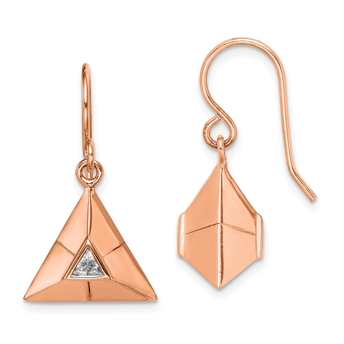 Sterling Silver Rose Gold-plated Triangular Origami Cubic Zirconia ( CZ ) Dangle Earrings, 25.4mm x 14.42mm