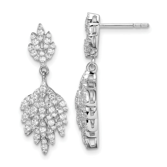 925 Sterling Silver Rhodium-plated Cubic Zirconia ( CZ ) Leaf Dangle Post Earrings, 28.86mm x 9.94mm