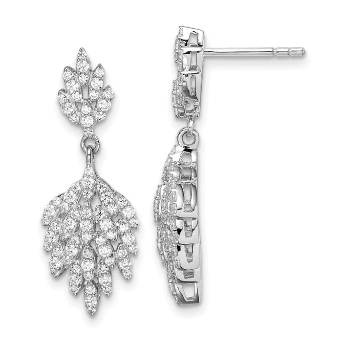 925 Sterling Silver Rhodium-plated Cubic Zirconia ( CZ ) Leaf Dangle Post Earrings, 28.86mm x 9.94mm
