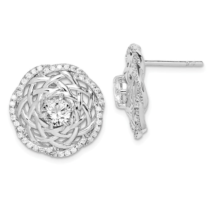 925 Sterling Silver Rhodium-plated 5mm Cubic Zirconia ( CZ ) Center Woven Post Earrings, 17.26mm x 17.26mm