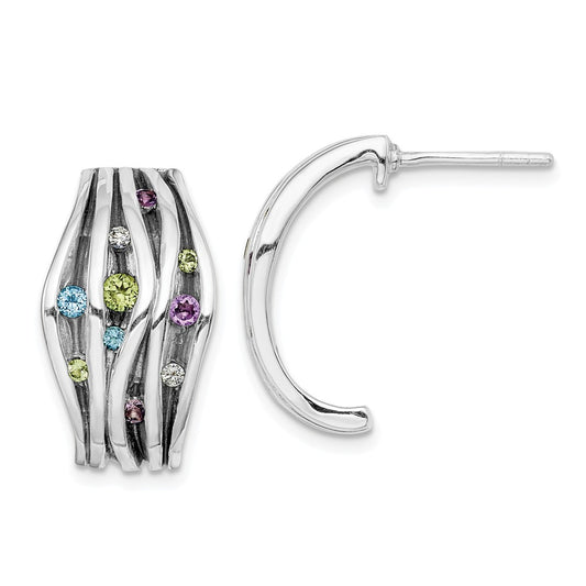 925 Sterling Silver Antiqued Blue Topaz/Peridot/Amethyst & Cubic Zirconia ( CZ ) Post Earrings, 19.78mm x 11.23mm