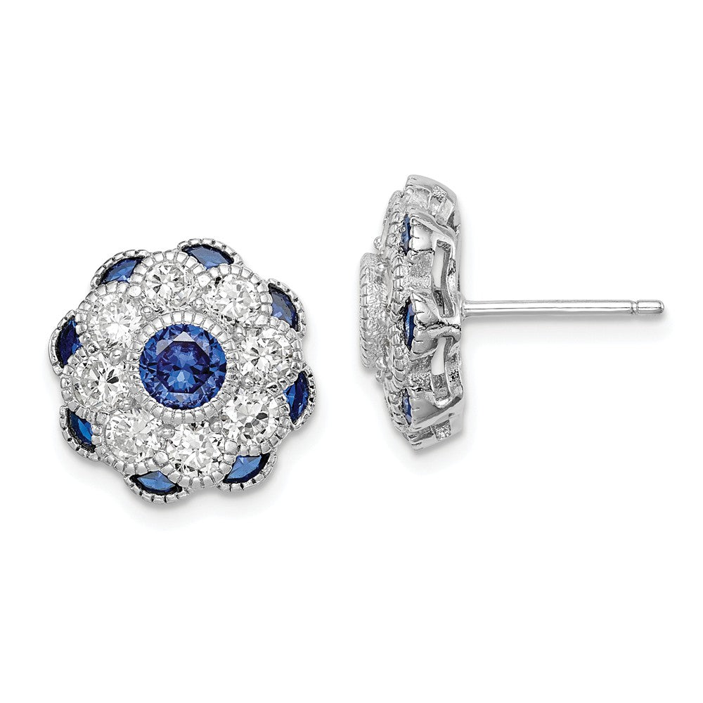 925 Sterling Silver RH-plated Cubic Zirconia ( CZ ) & Synthetic Blue Spinel Flower Post Earrings, 13.46mm x 13.46mm