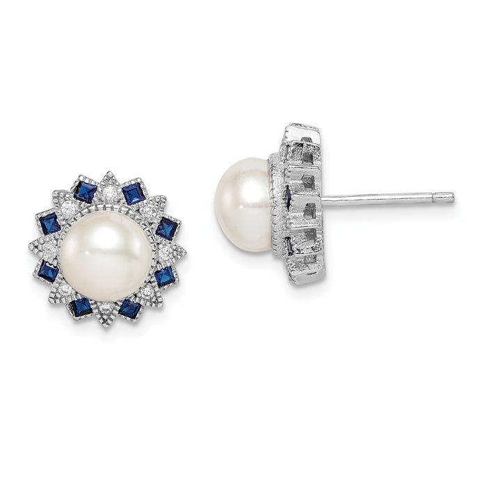 925 Sterling Silver RH-plated Freshwater Cultured Pearl, Syn. Blue Spinel & Cubic Zirconia ( CZ ) Earrings, 11.9mm x 11.9mm