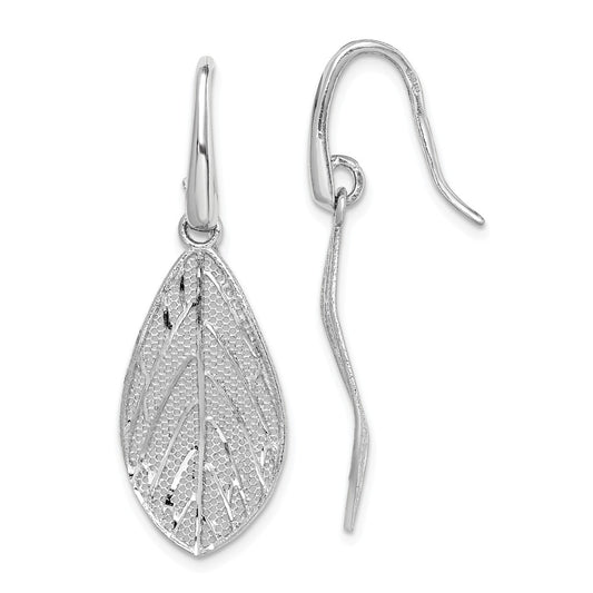 925 Sterling Silver Rhodium-plated Polished Leaf Dangle Earrings, 39.6mm x 13.3mm
