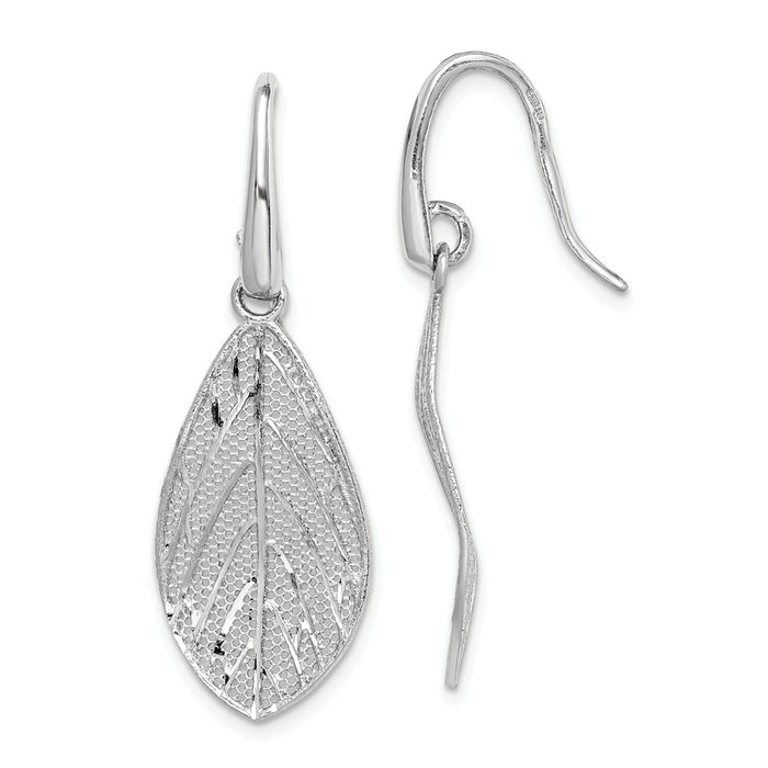 925 Sterling Silver Rhodium-plated Polished Leaf Dangle Earrings, 39.6mm x 13.3mm