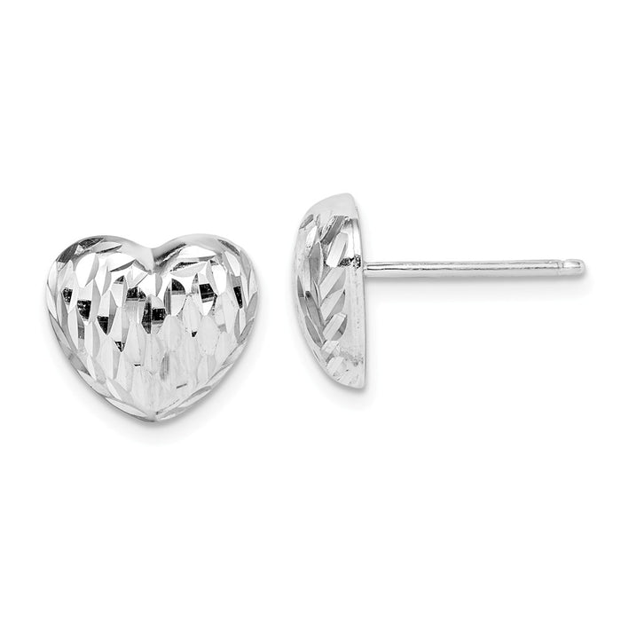925 Sterling Silver Rhodium-plated Polished & Diamond-Cut Heart Post Earrings, 10.2mm x 11.5mm