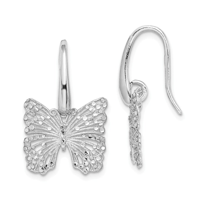 925 Sterling Silver Rhodium-plated Brushed & Polished Diamond-Cut Butterfly Earrings, 24.51mm x 15.66mm