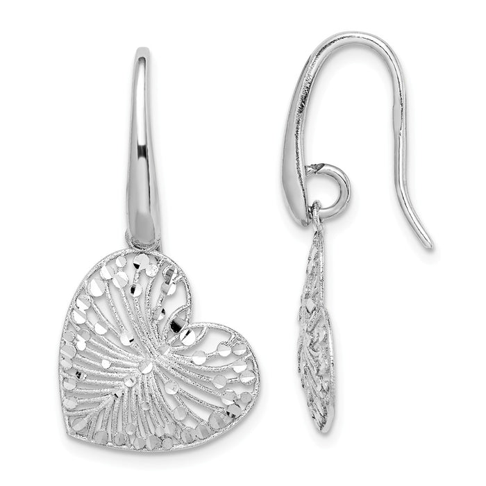 925 Sterling Silver Rhodium-plated Brushed & Polished Diamond-Cut Heart Dangle Earrings, 28.83mm x 16.55mm
