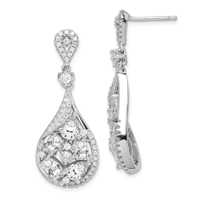 925 Sterling Silver Rhodium-plated Cubic Zirconia ( CZ ) Teardrop Dangle Post Earrings, 36.8mm x 14.63mm