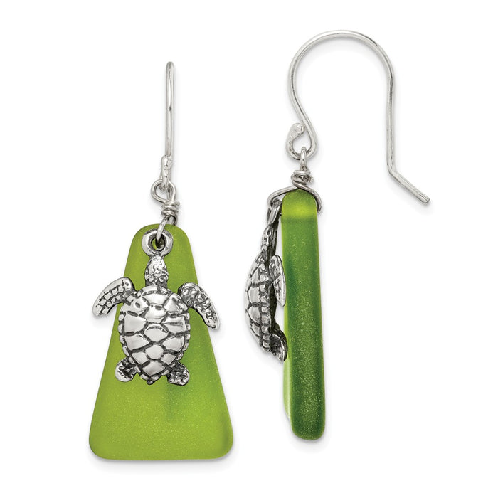 925 Sterling Silver Green Sea Glass Turtle Dangle Earrings, 38.9mm x 13.97mm