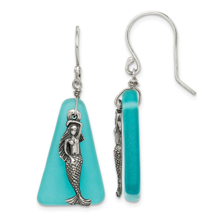 925 Sterling Silver Teal Sea Glass Mermaid Dangle Earrings, 37mm x 13.97mm