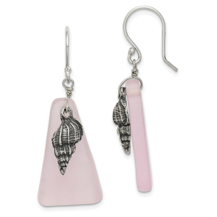 925 Sterling Silver Pink Sea Glass Seashell Dangle Earrings, 38.9mm x 13.97mm