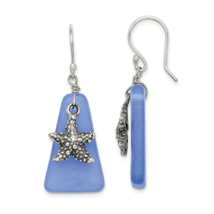 925 Sterling Silver Blue Sea Glass Starfish Dangle Earrings, 38.9mm x 13.97mm