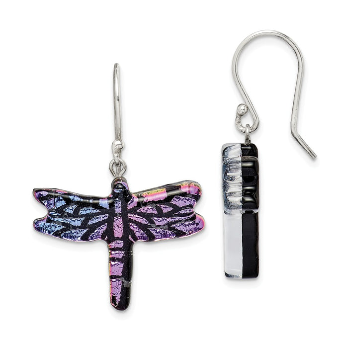 925 Sterling Silver Iridescent Glass Dragonfly Dangle Earrings, 32.05mm x 19.58mm