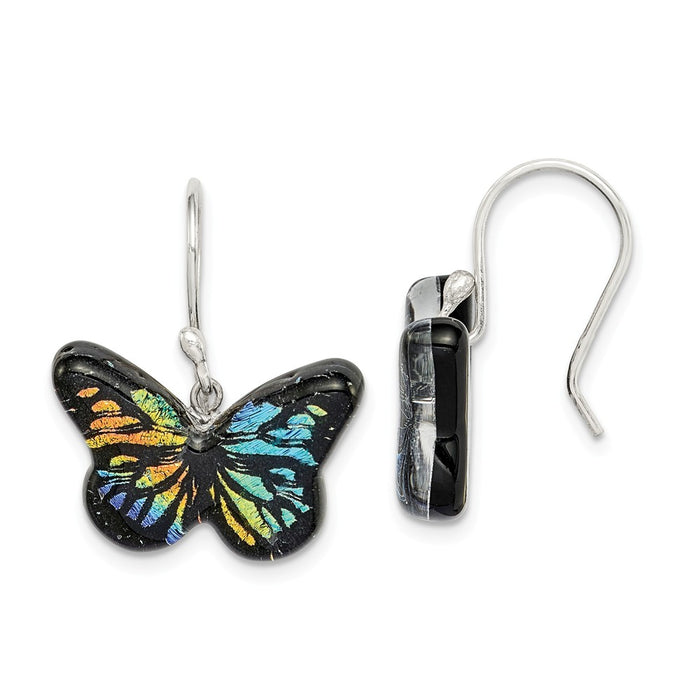 925 Sterling Silver Iridescent Glass Butterfly Dangle Earrings, 21.73mm x 14.47mm