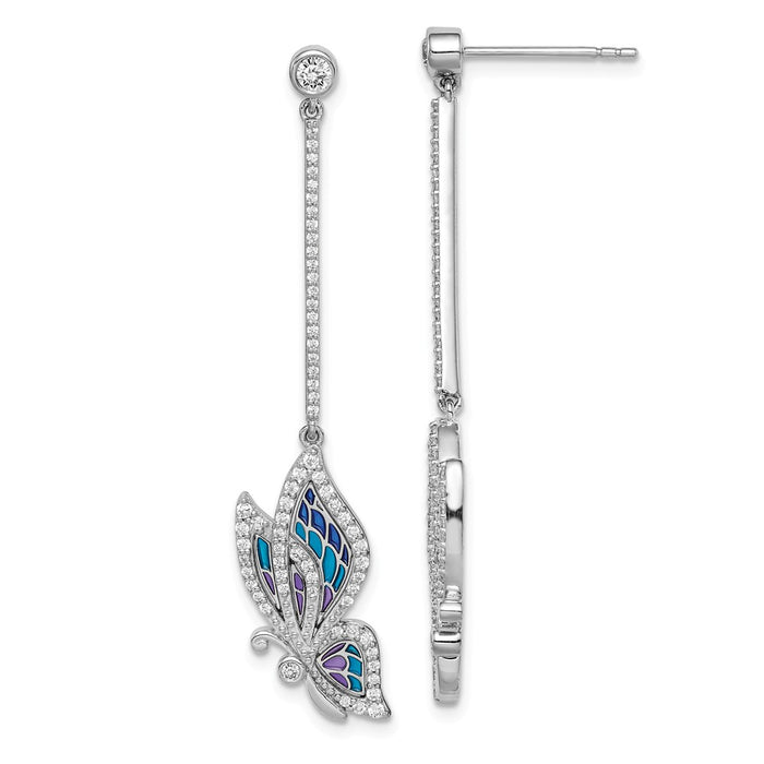 925 Sterling Silver Rhodium-plated Enameled Butterfly Swarovski Crystal Dangle, 47.75mm x 9.45mm