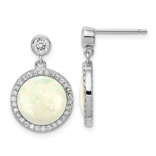 925 Sterling Silver Rhodium-plated Lab Created Opal & Cubic Zirconia ( CZ ) Post Dangle Earrings, 19.46mm x 12.78mm