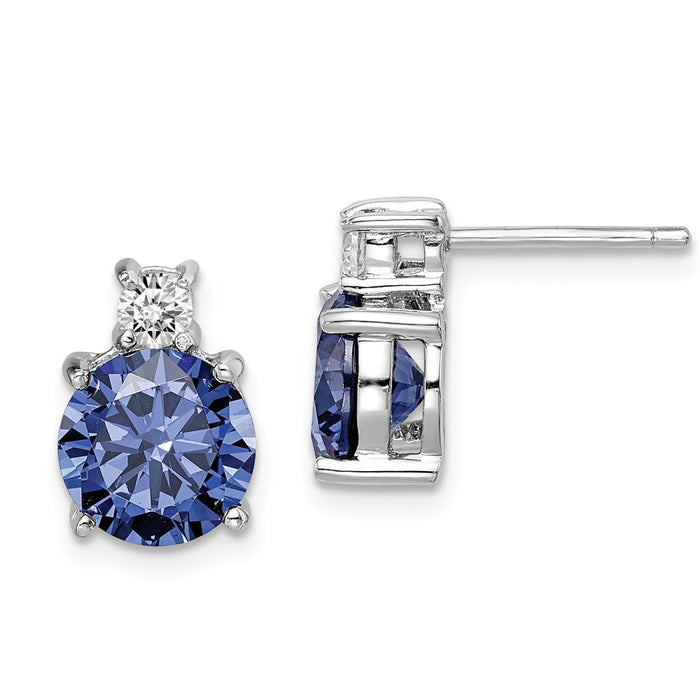 925 Sterling Silver Rhodium-Plated ed Blue and White Cubic Zirconia ( CZ ) Stud Earrings, 11.22mm x 8mm