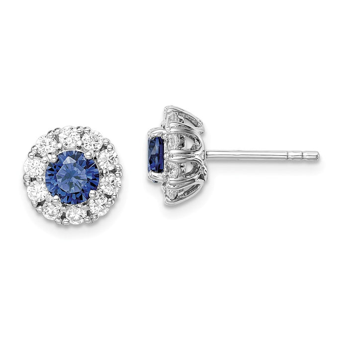 925 Sterling Silver Rhodium-plated Blue & White Cubic Zirconia ( CZ ) Halo Post Earrings, 9.38mm x 9.38mm