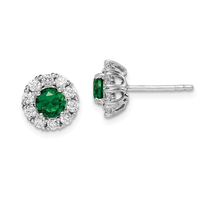 925 Sterling Silver Rhodium-plated Green Glass & Cubic Zirconia ( CZ ) Halo Post Earrings, 9.38mm x 9.38mm