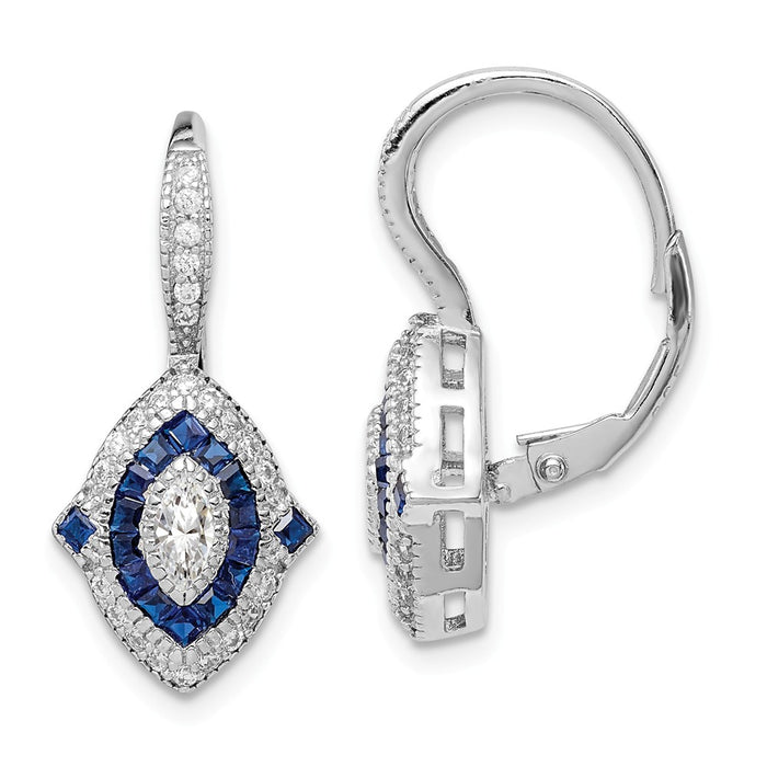 925 Sterling Silver Rhodium-plated Cubic Zirconia ( CZ ) & Synthetic Blue Spinel Earrings, 24.37mm x 11.08mm