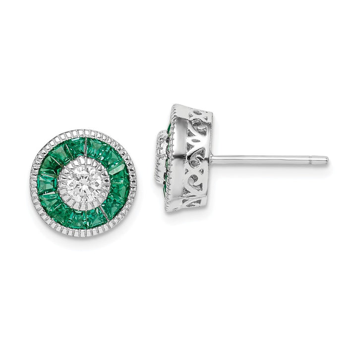 925 Sterling Silver Rhodium-plated Cubic Zirconia ( CZ ) & Lab Cr.Green Spinel Earrings, 10.04mm x 10.04mm