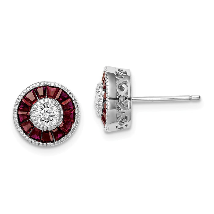925 Sterling Silver Rhodium-plated Cubic Zirconia ( CZ ) & Created Ruby Halo Post Earrings, 10.04mm x 10.04mm