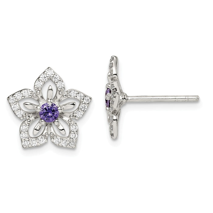 925 Sterling Silver Purple & Clear Cubic Zirconia ( CZ ) Flower Post Earrings, 11.47mm x 12.52mm