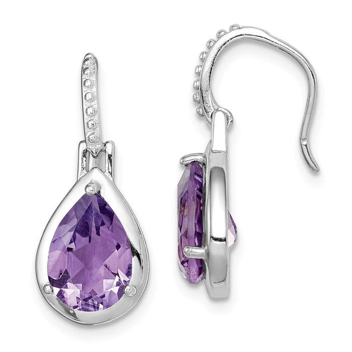 925 Sterling Silver Rhodium-plated Amethyst Teardrop Dangle Earrings, 22.2mm x 9.4mm