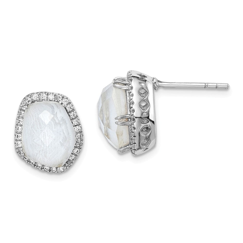 925 Sterling Silver Rhodium-plated Blue Lace Agate & Cubic Zirconia ( CZ ) Post Earrings,