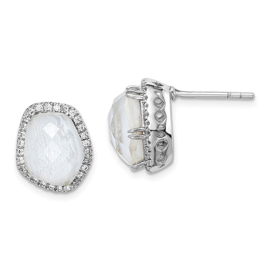 925 Sterling Silver Rhodium-plated Blue Lace Agate & Cubic Zirconia ( CZ ) Post Earrings,