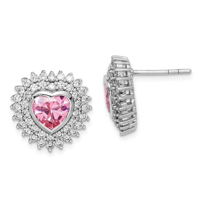 925 Sterling Silver Rhodium-plated 6 Pink Heart Cubic Zirconia ( CZ ) Post Earrings,