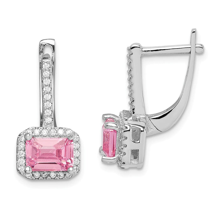 925 Sterling Silver Rhodium-plated Pink Cubic Zirconia ( CZ ) Halo Leverback Earrings,