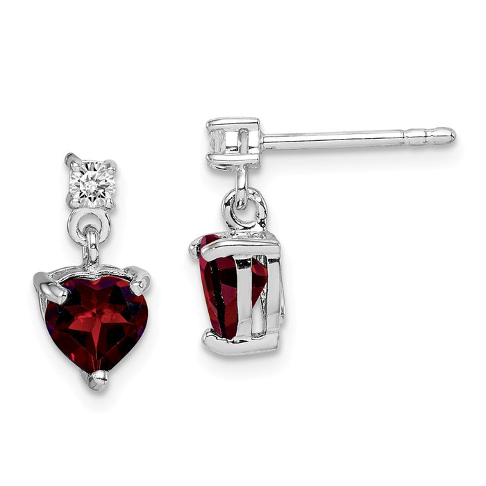 925 Sterling Silver Rhodium-plated Heart Garnet/White Topaz Dangle Earrings,