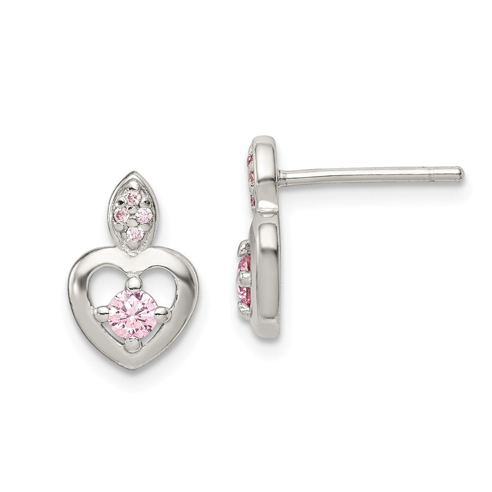 925 Sterling Silver Pink Cubic Zirconia ( CZ ) Heart Post Earrings,