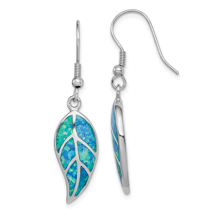 925 Sterling Silver Rhodium-plated Created Blue Opal Leaf Dangle Earrings,
