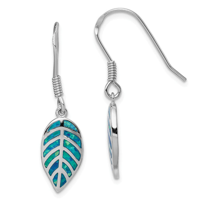 925 Sterling Silver Rhodium-plated Created Blue Opal Inlay Leaf Dangle Earrings,
