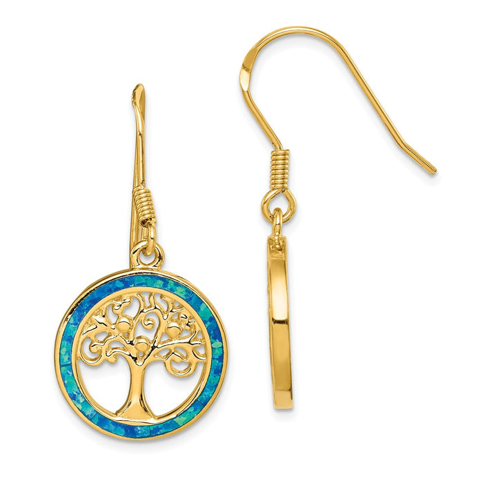 925 Sterling Silver Gold-tone Created Opal Circle with Tree Dangle Earrings,