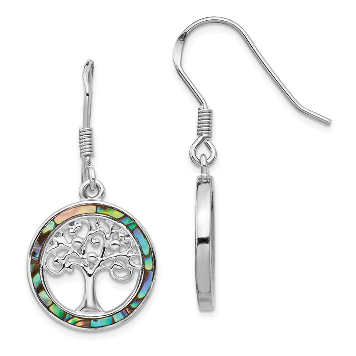 925 Sterling Silver Rhodium-plated Abalone Circle with Tree Dangle Earrings,