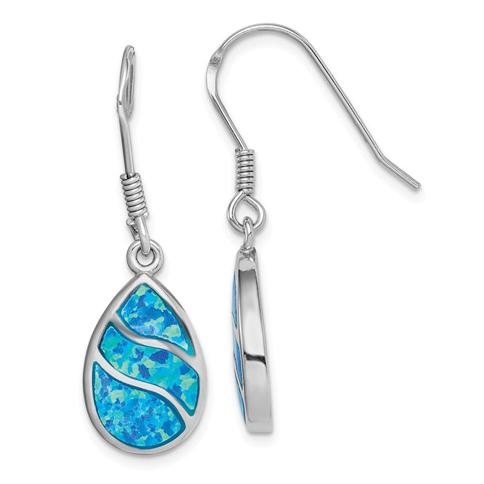 925 Sterling Silver Rhodium-plated Created Opal Inlay Teardrop Dangle Earrings,