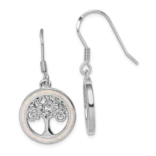 925 Sterling Silver Rhodium-plated Created Opal Circle with Tree Dangle Earrings,