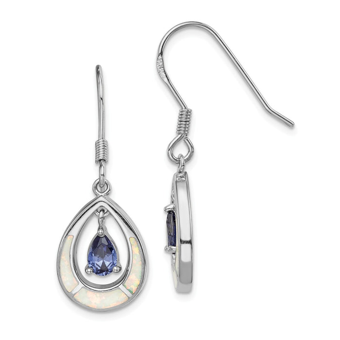 925 Sterling Silver Rhodium-plated Created Opal Inlay & Blue Cubic Zirconia ( CZ ) Teardrop Earrings,