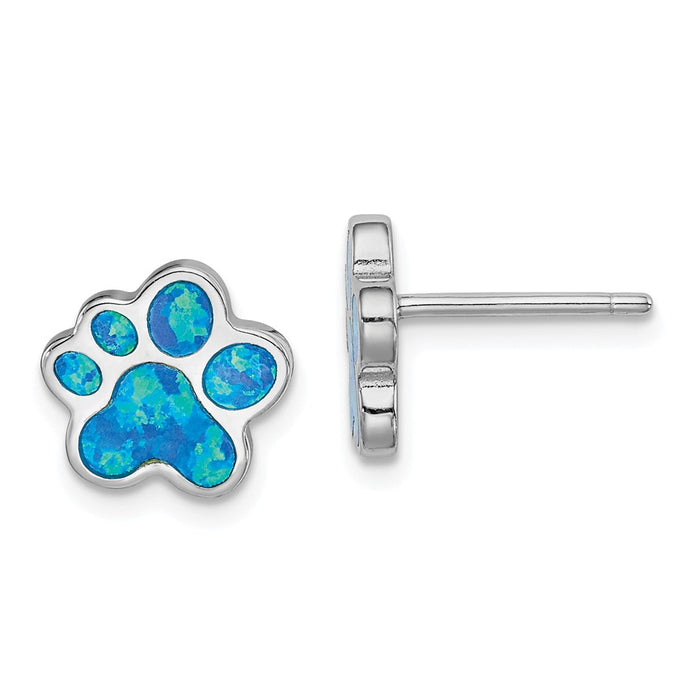 925 Sterling Silver Rhodium-plated Created Blue Opal Inlay Paw Print Post Earrings,