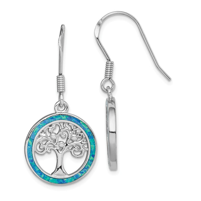 925 Sterling Silver Rhodium-plated Created Blue Opal Circle with Tree Dangle Earrings,