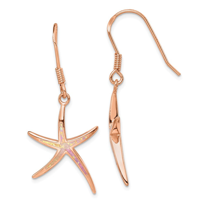 925 Sterling Silver Rose-tone Created Opal Inlay Star Fish Dangle Earrings,